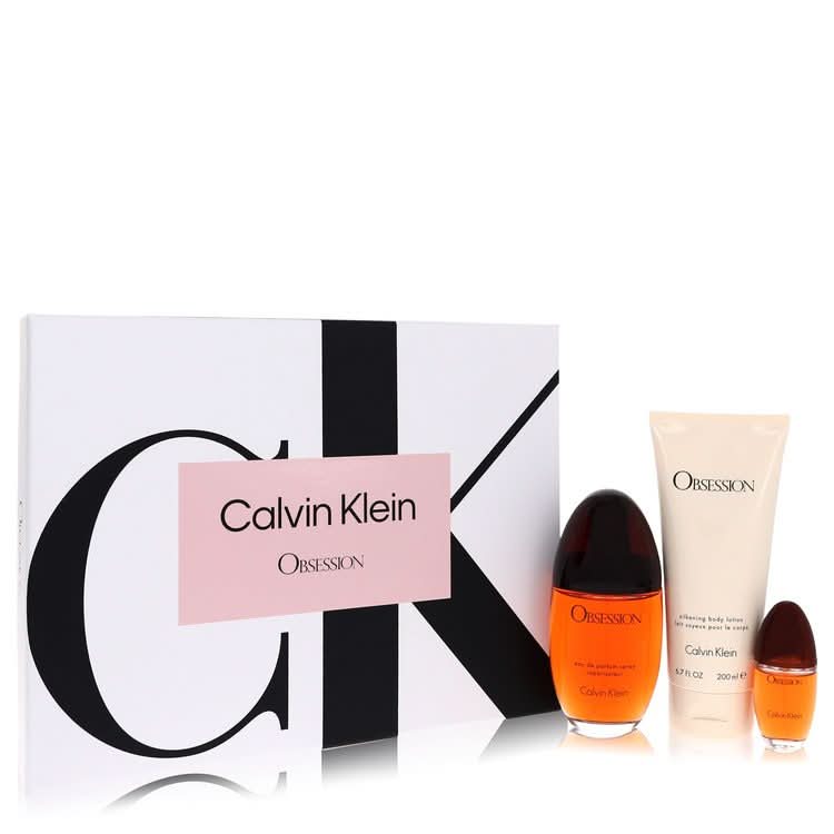 Obsession by Calvin Klein Gift Set - 3.4 oz Eau De Parfum Spray + 6.7 oz Body Lotion + .5 oz Mini EDP Spray for Women - The Melanated's Fundamentals