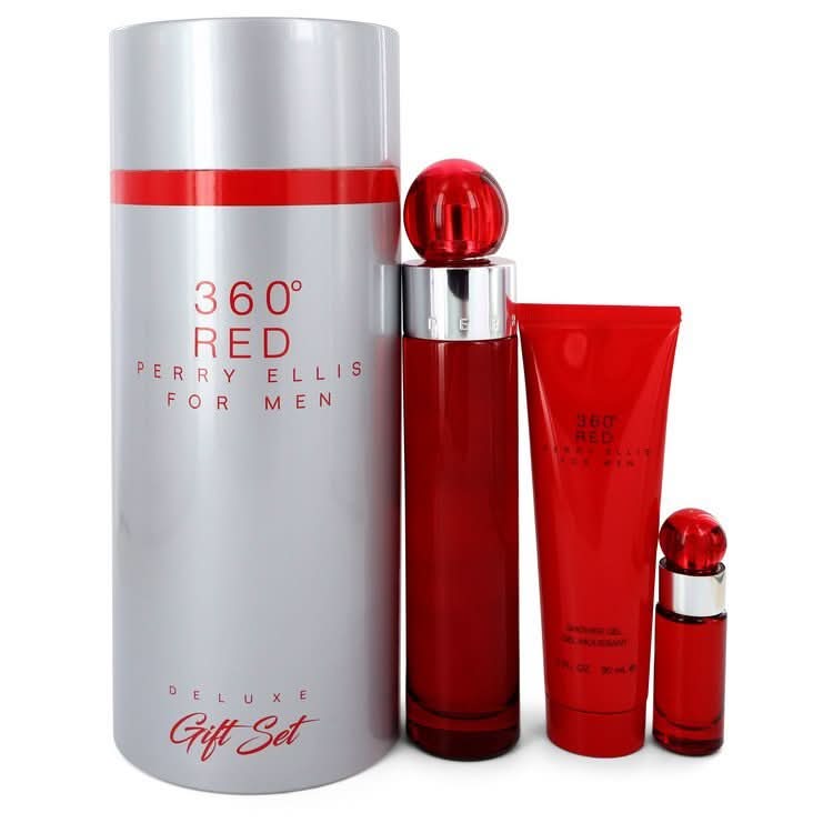 Perry Ellis 360 Red by Perry Ellis Gift Set - 3.4 oz Eau De Toilette Spray + .25 oz Mini EDT Spray + 3 oz Shower Gel in Tube Box for Men - The Melanated's Fundamentals